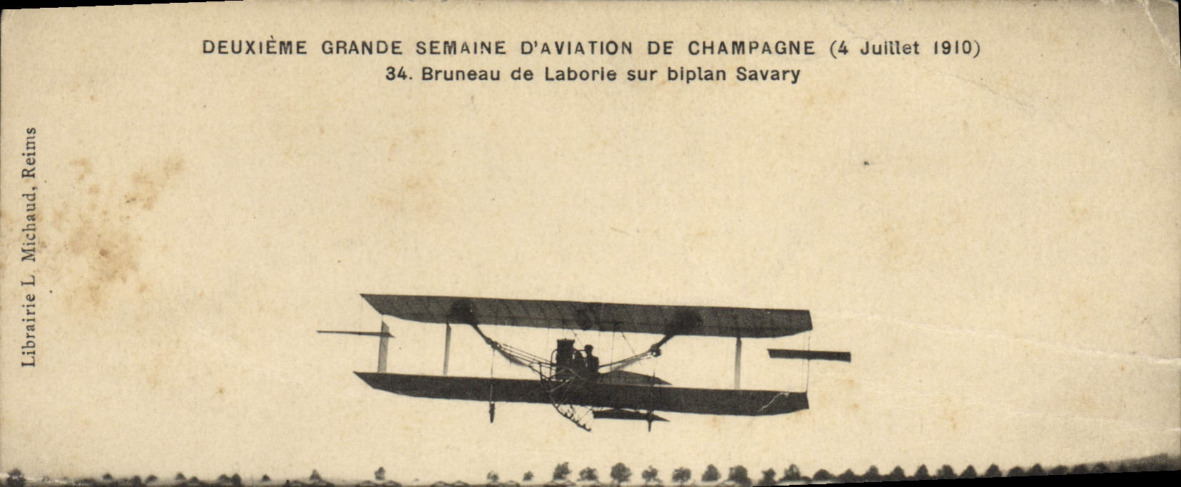 CPA Aviation Avion Deuxieme grande semaine d'aviation de Champagne 4 juillet 1910 Bruneau de Laborie sur biplan Savary 