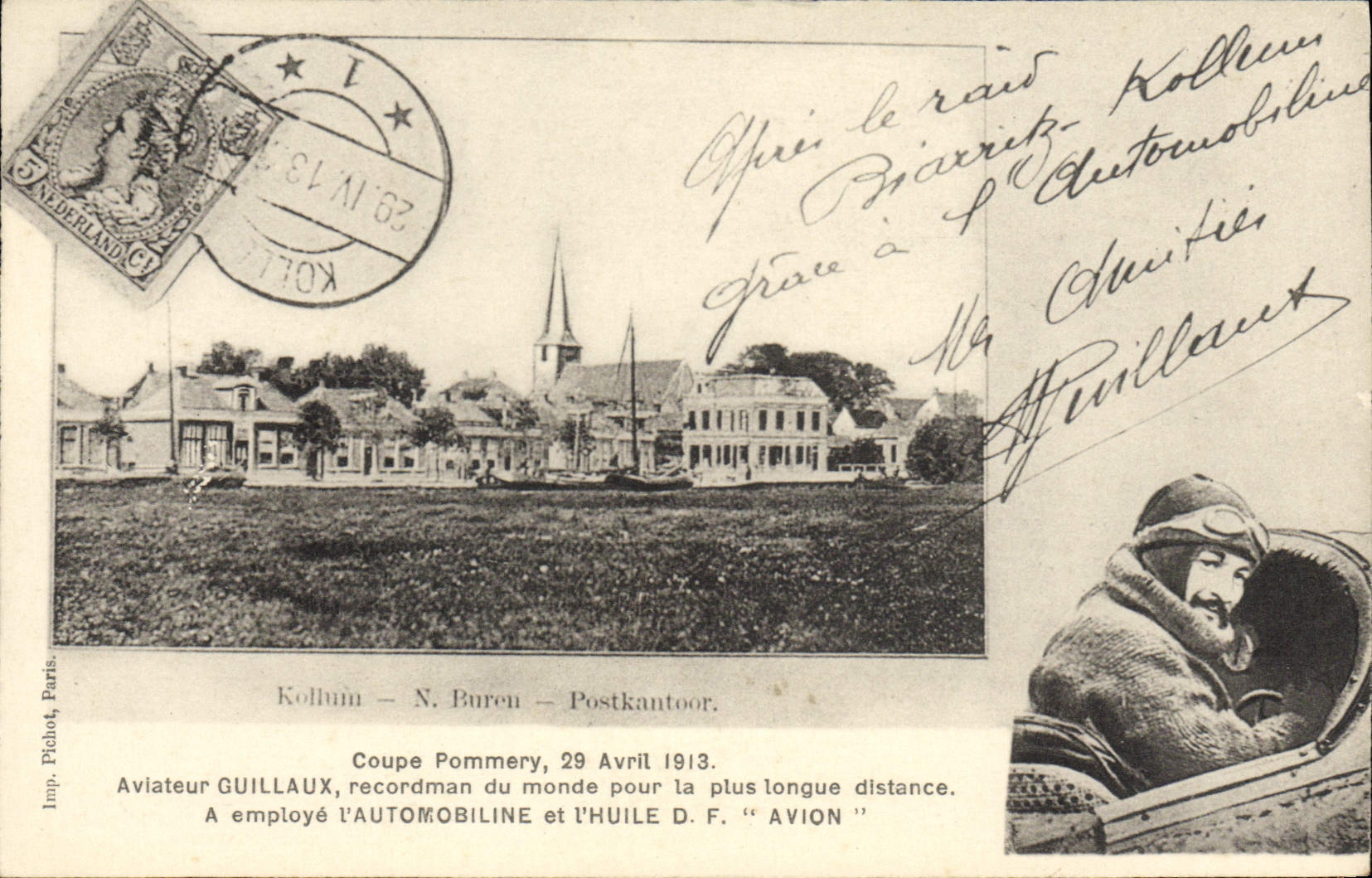 CPA Aviation Avion Coupe Pommery 29 avril 1913 Aviateur Guillaux recordman du monde Automobiline et l'huile Avion