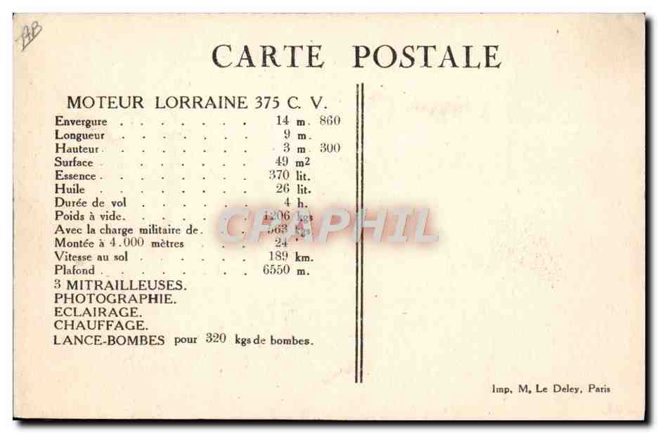 CPA Aviation Avion Breguet de Corps d'Armee Type XIV A 2 Moteur Lorraine  — Rückseite