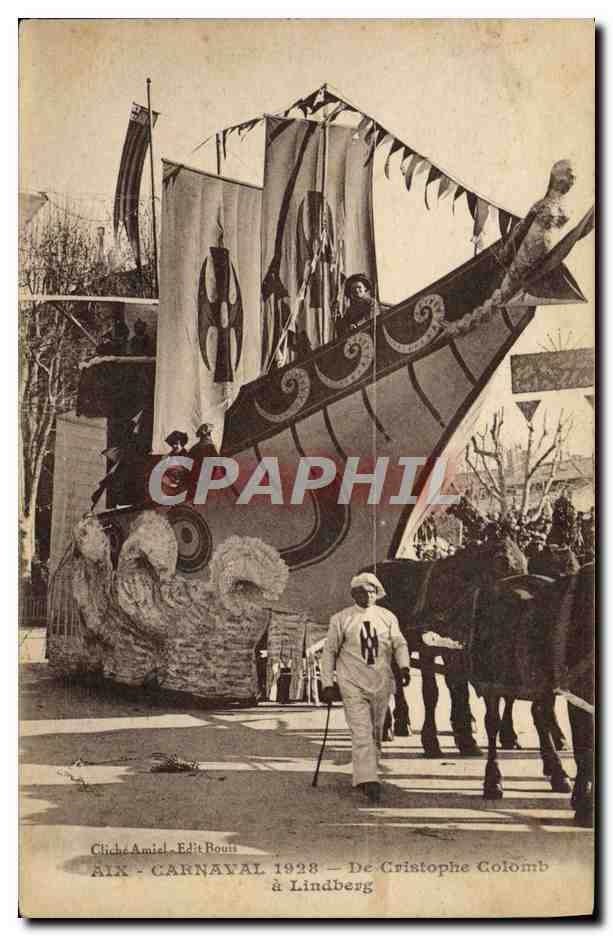 CPA Aviation Avion Aix Carnaval de Cristophe Colomb a Lindberg Attelage Boeufs Bateau 