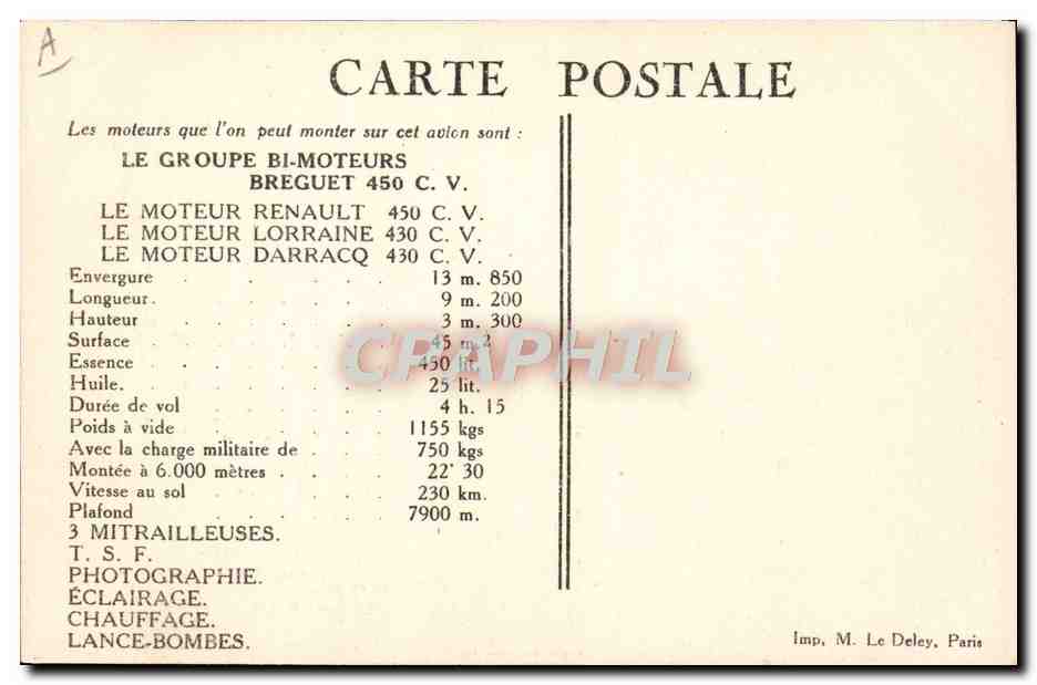 CPA Aviation Avion Breguet Sesquiplan de grande reconnaissance Type XIX A 2 — Rückseite