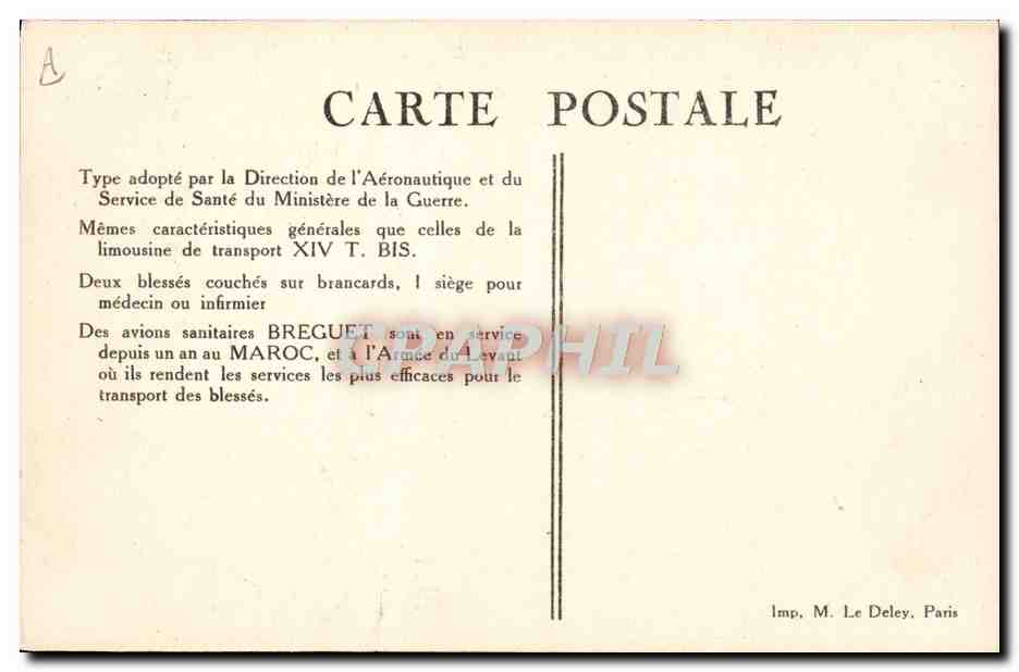 CPA Aviation Avion Avion Breguet Limousine Sanitaire Type XIV T Bis  — Rückseite