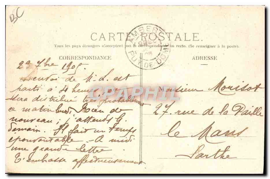 CPA Automobile Circuit d'Auvergne coupe gordon Bennett 1905 Nebouzat tournant des 4 routes  — Verso