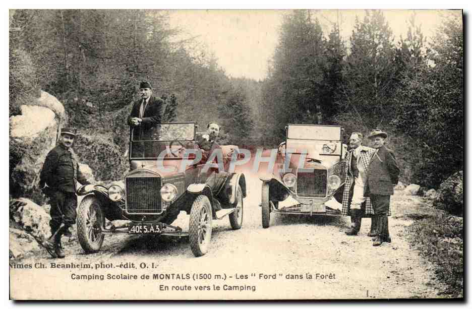 Camping Scolaire de MONTALS (1500 m.) — Les "Ford" dans la Forêt — phot.édit. O. I. Nîmes Ch. Beanheim