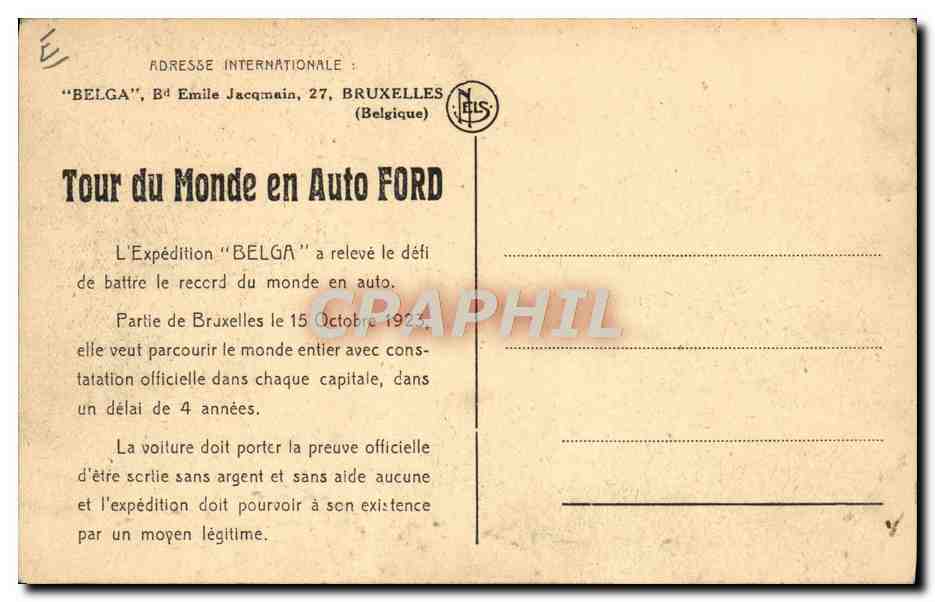 CPA Automobile Tour du Monde en auto Ford Expedition Belga  — Verso