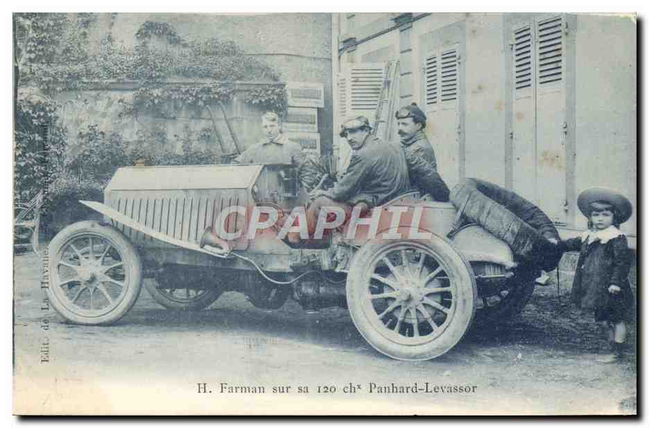 CPA H Farman sur sa 120 cehavux Panhard Levassor 