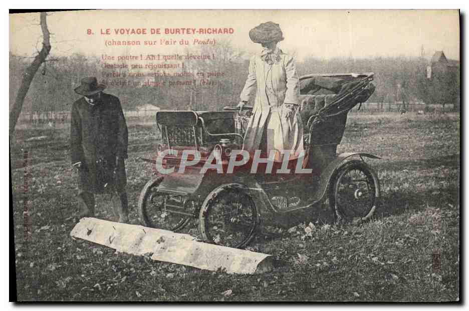 Una mujer y un hombre cerca de un coche — El viaje de Burtey-Richard — editor no identificado, n. de serie 8