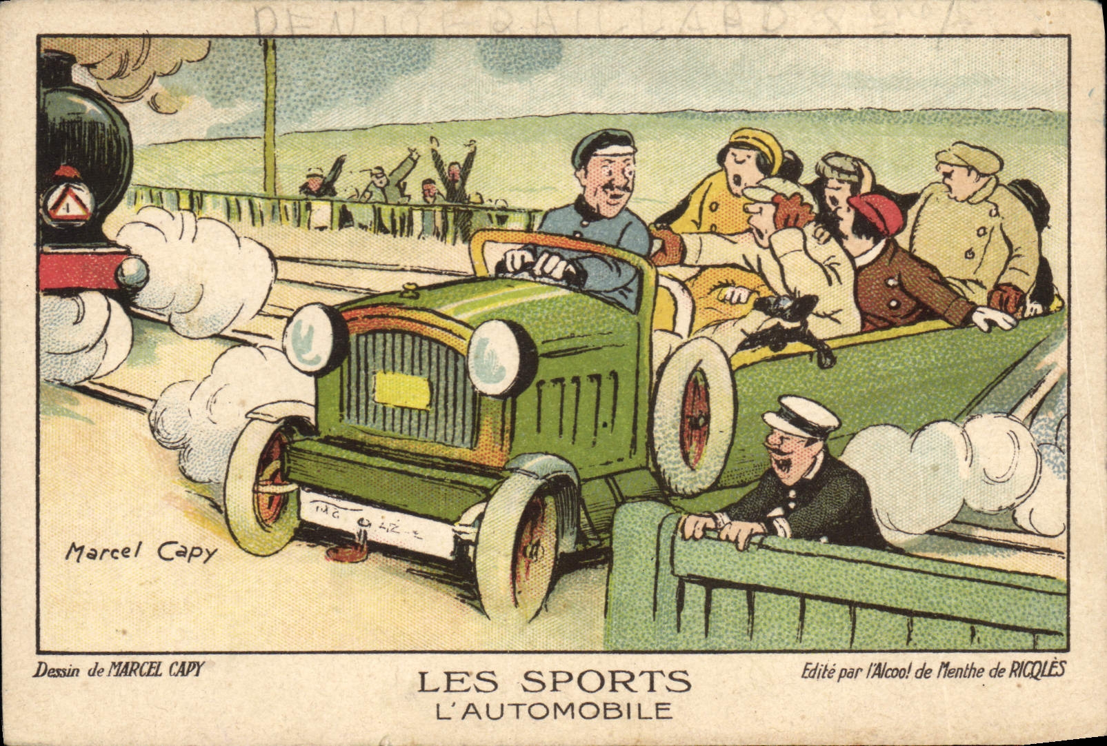 L'Automobile — Les Sports — Dessin de Marcel Capy — Édité par l'Alcool de Menthe de Ricolès