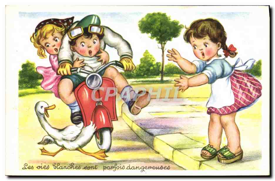 CPA Moto Scooter Enfants Oie 