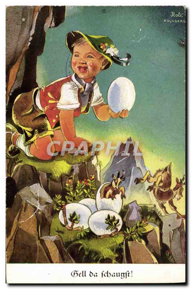 CPA Illustrateur Enfant Paques Chamois Oeufs