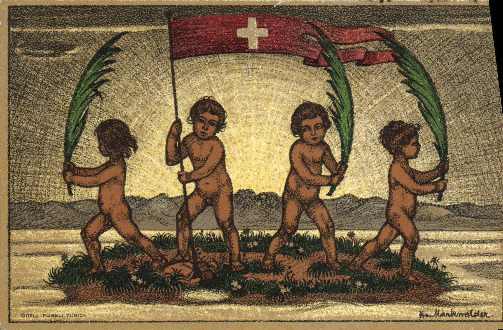 Quatre enfants nus tenant des palmes et un drapeau suisse — Orell Füssli Zurich, n° 143