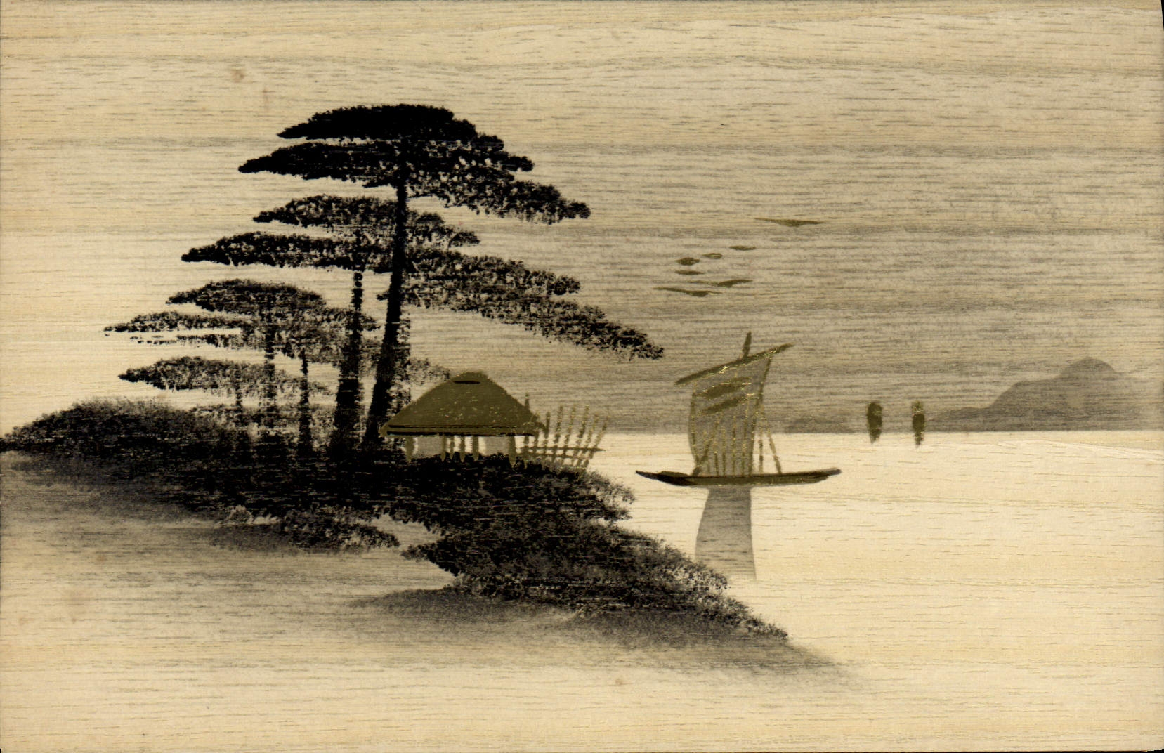 Paisaje japonés — isla con pino, cabaña y barco — Tarjeta postal japonesa
