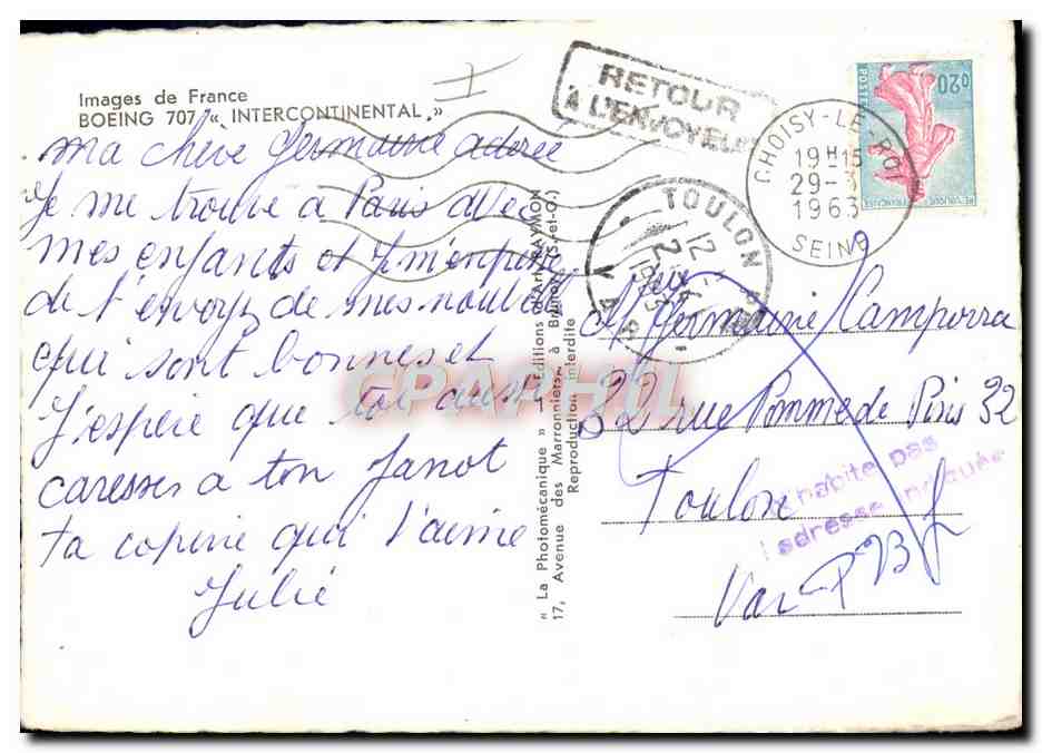 Avion Air France Boeing 707 — Images de France, Intercontinental — éditeur Photomécanique à Toulouse — Verso