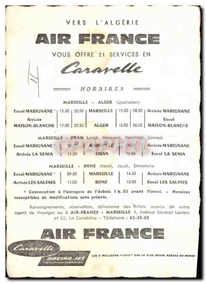 CPM Avion Aviation Air France Caravelle Algerie — Rückseite