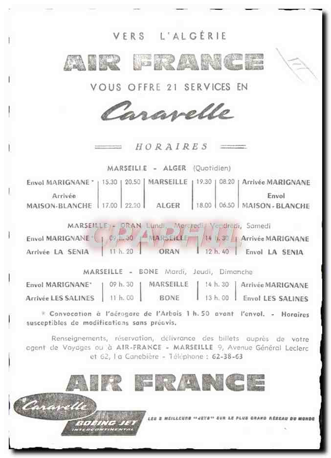 CPM Avion Aviation Air France Caravelle Algerie — Rückseite