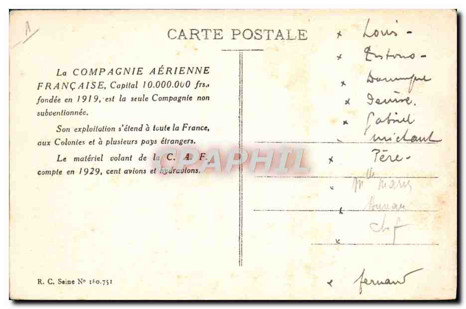 CPA Avion Aviation Aeroport du Bourget Base de la compagnie aerienne francaise  — Rückseite