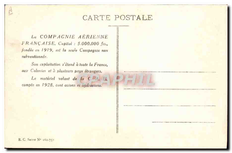 CPA Avion Aviation Aeroport du Bourget Base de la Compagnie aerienne Francaise  — Rückseite