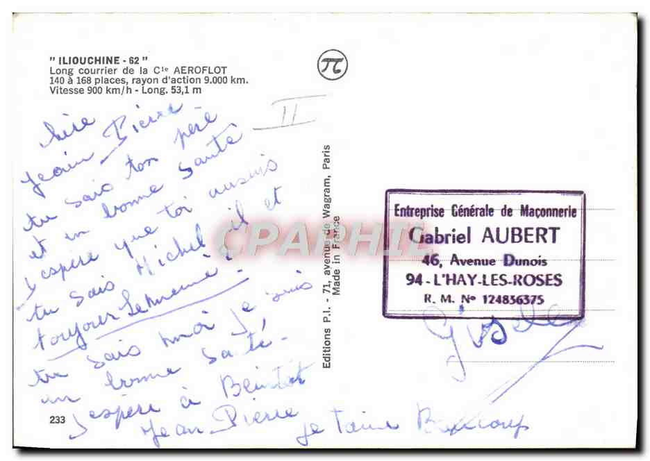 CPM Avion Aviation Iliouchine 62 Long courrier de la Cie Aerolot  — Verso
