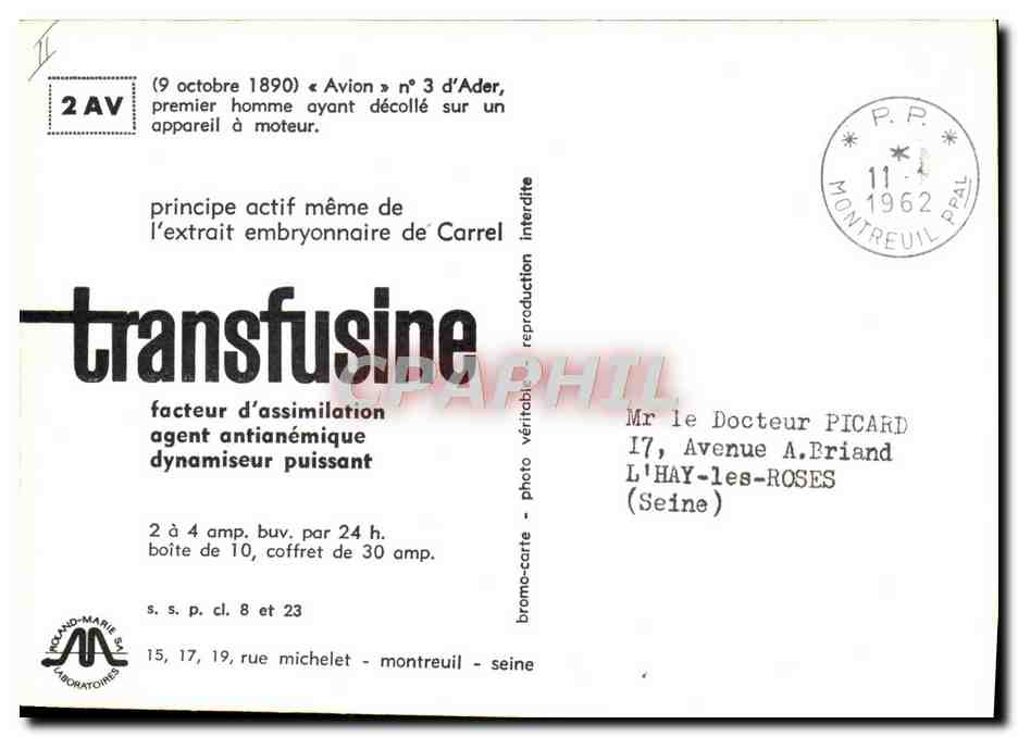 Avion n°3 d'Adé - premier vol moteur - éditeur : Iceland-Marie S.A. Laboratoires — Verso