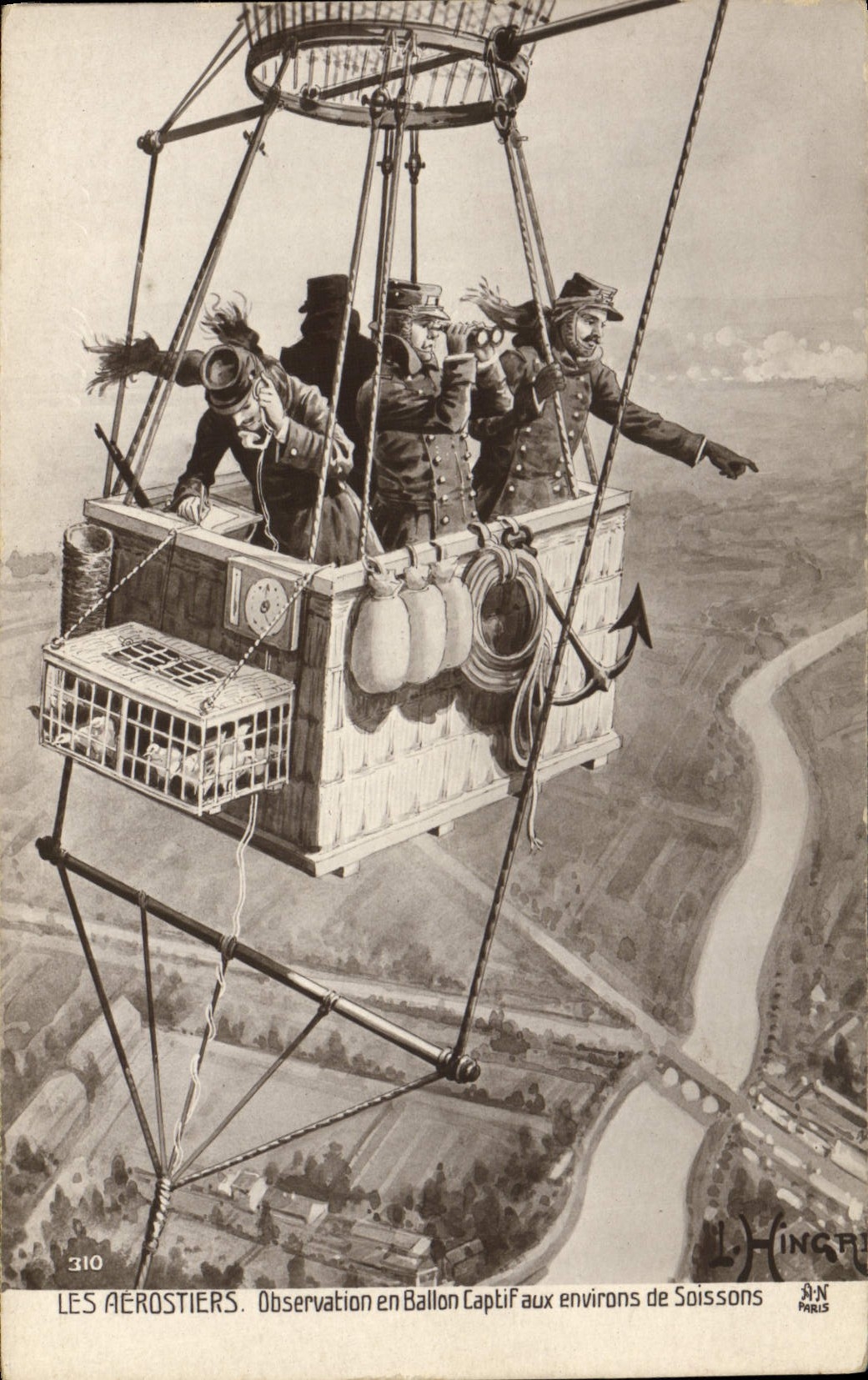 CPA Avion Aviation Les aerostiers Observation en ballon captif aux environs de Soissons 