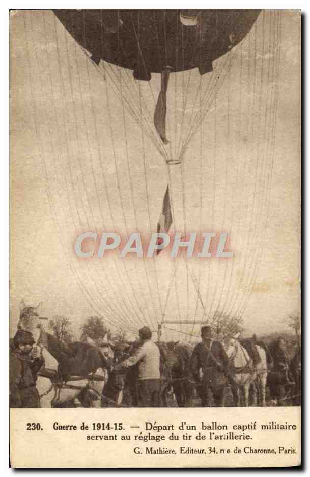 CPA Avion Aviation Depart d'un ballon captif militaire servant au reglage du tir de l'artillerie Chevaux Militaria 