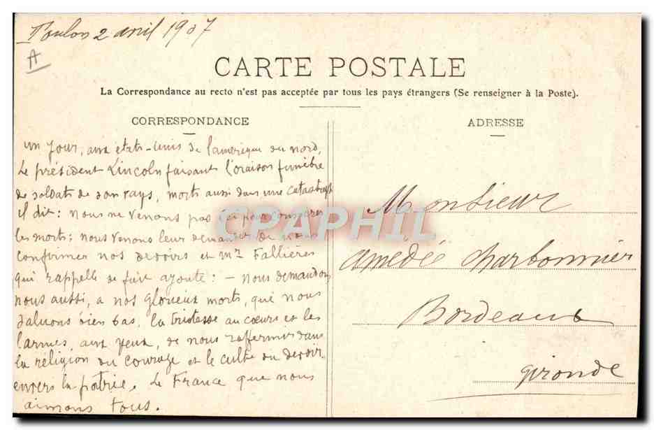 L'ÉNA pendant l'Explosion — 12 Mars 1907 — éditeur : Rouvillain — Verso