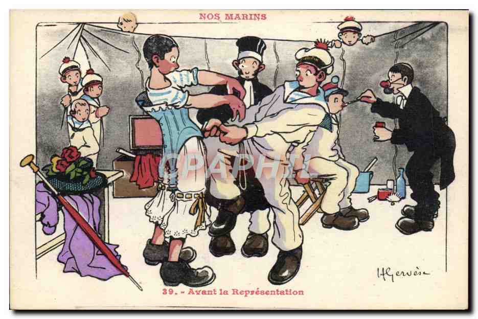 CPA Illustrateur Gervese Nos Marins Avant la representation