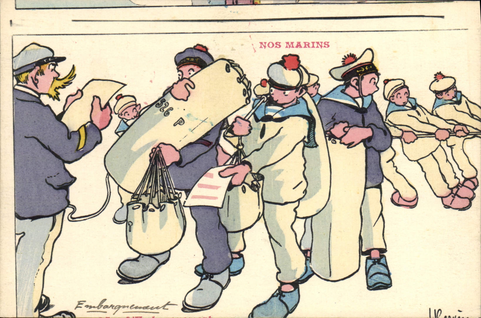 CPA Illustrateur Gervese Nos Marins Embarquement