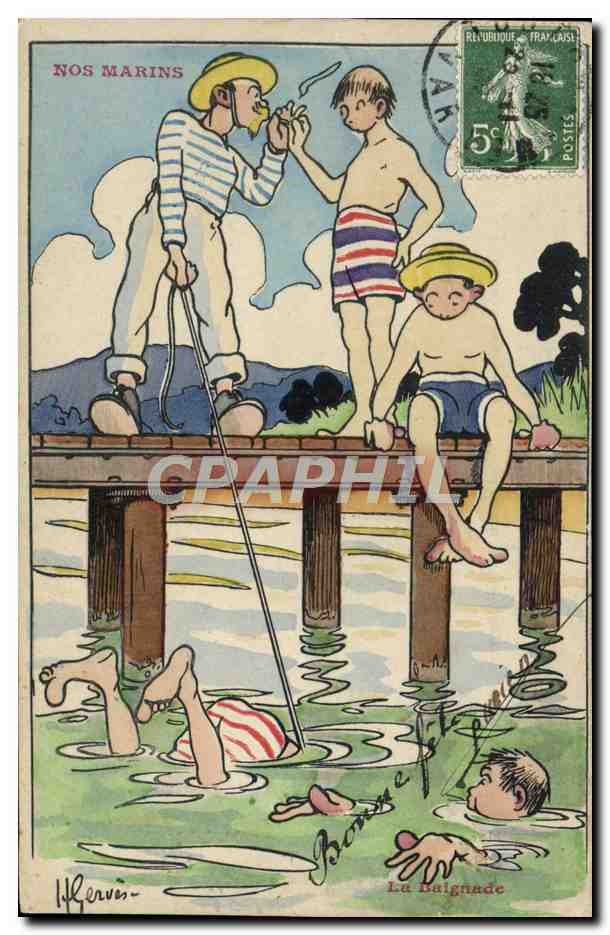 CPA Illustrateur Gervese Nos Marins La baignade 