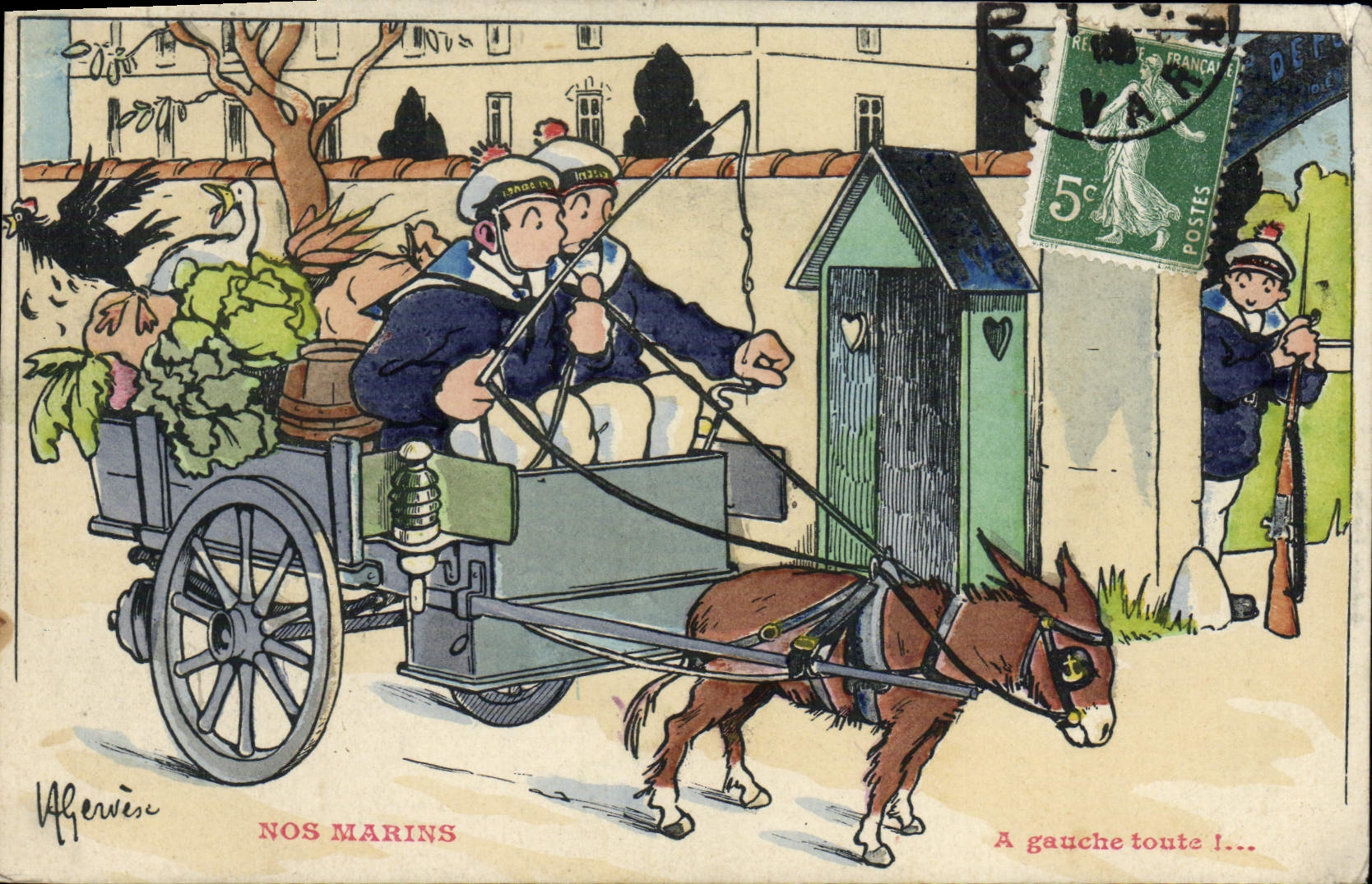 Unsere Matrosen — Straßenszene mit Esel und Soldaten — Verleger Algerwiese, Seriennummer nicht sichtbar