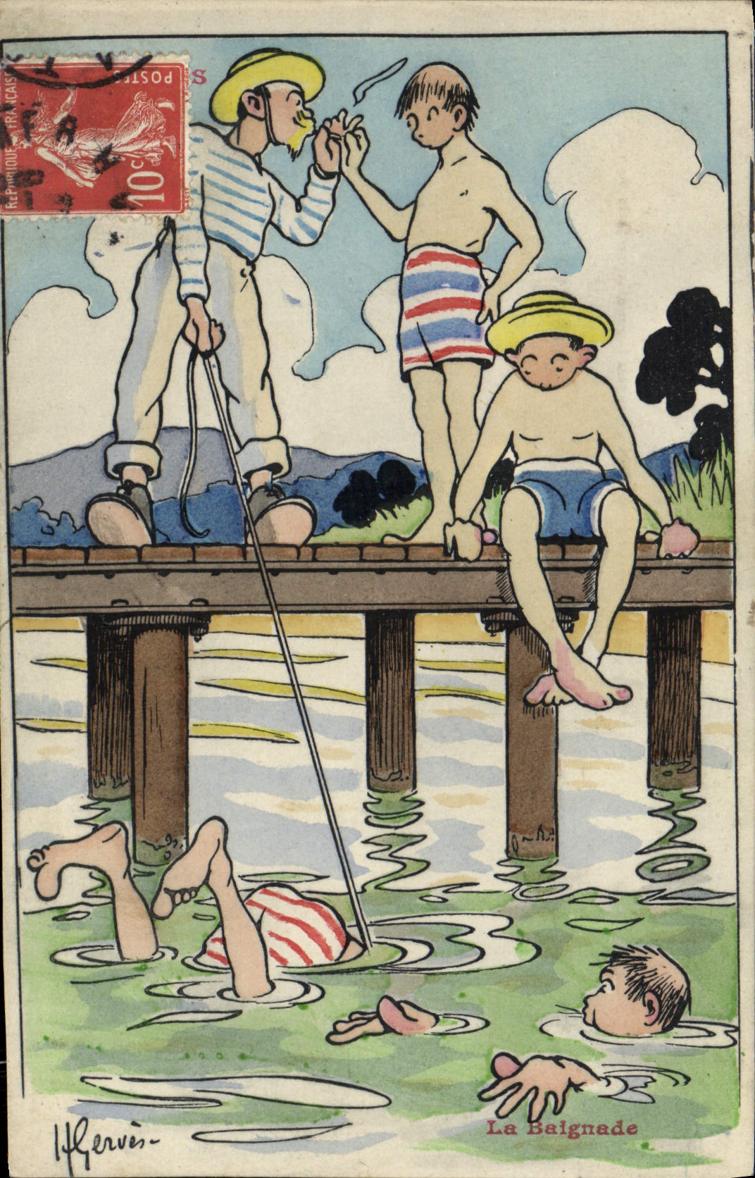La Baignade — scène de plage — Hervis