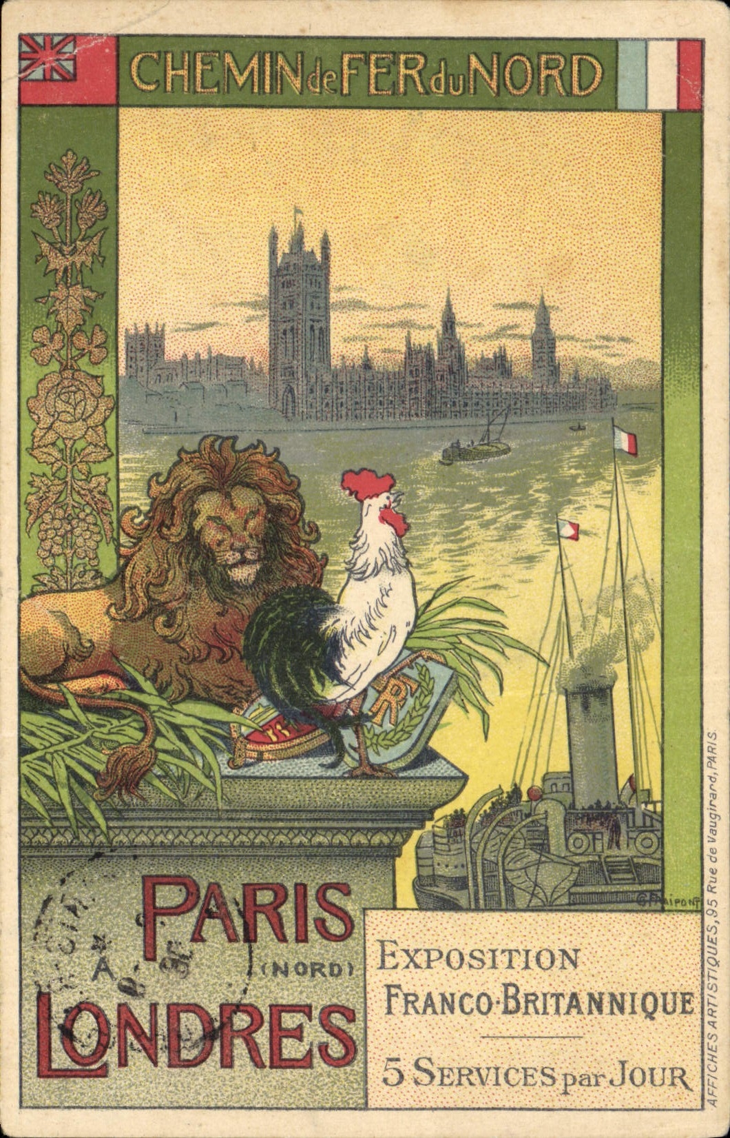 CPA Train chemin de fer du Nord Paris Londres Lion Coq Exposition Franco Britannique