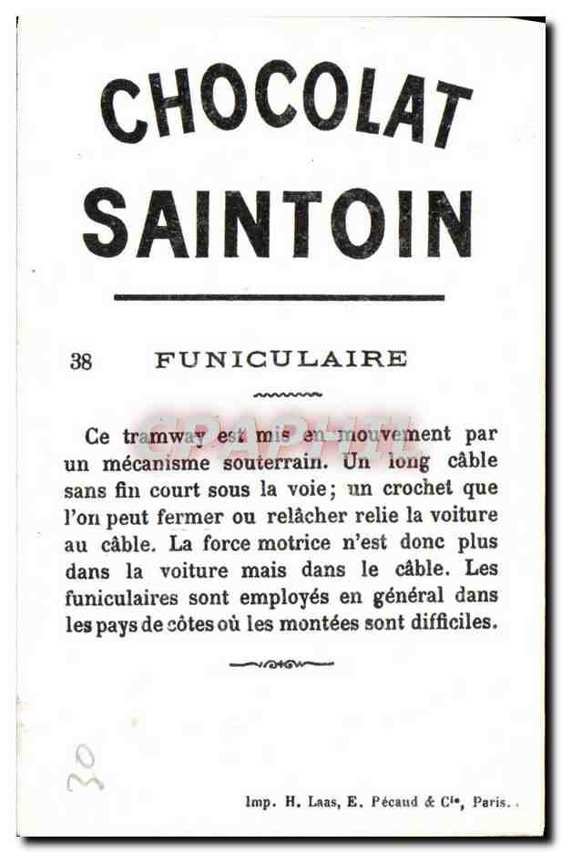 Chocolat Saintoin — Funiculaire — Imp. H. Laas, E. Pécaud & Cie, Paris, n°38 — Verso