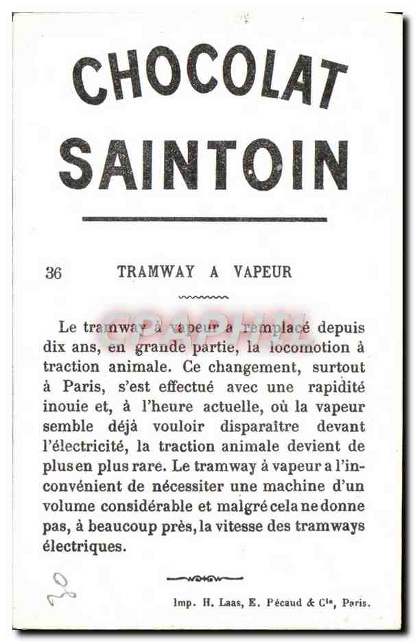 Tramway à vapeur — Paris — Chocolat Saintoin, n°36 — Verso