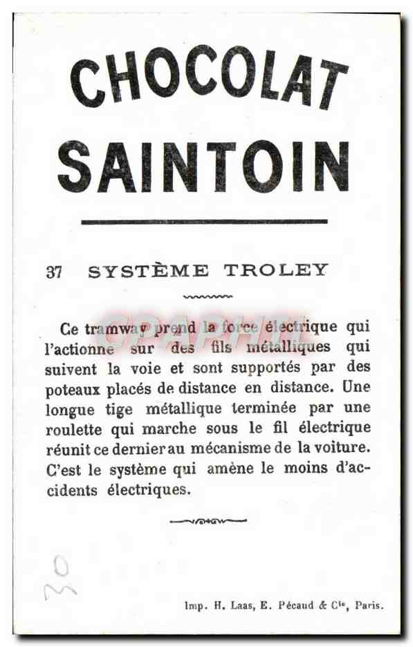 Tramway électrique — Système trolley — Chocolat Saintoin n°37 — Verso