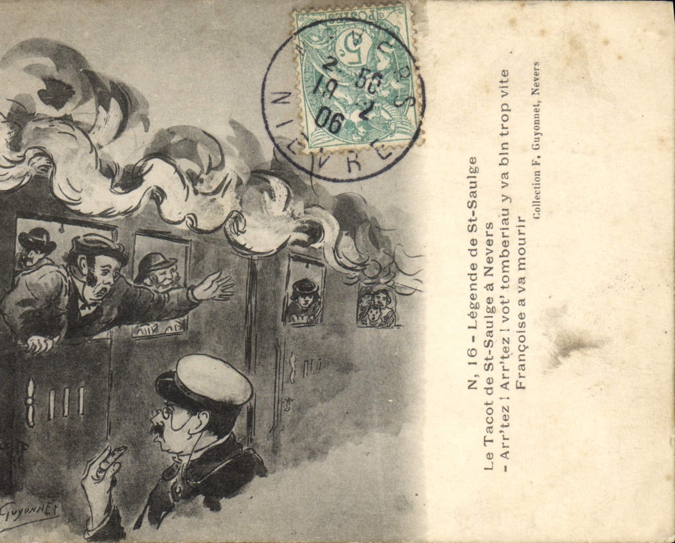 CPA Train Legende de St Saulge Tacot de St Saulge a Nevers