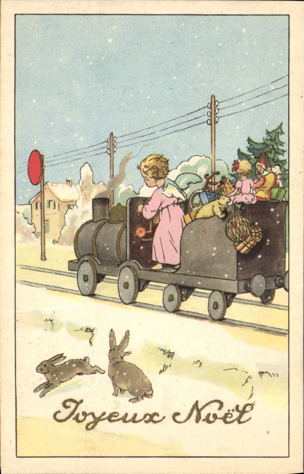 CPA Train Enfant Lapin Poupee