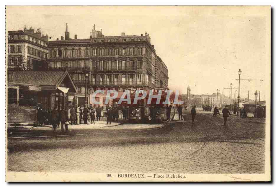 CPA Tramway Bordeaux place Richelieur Cafes Masset Erizma 