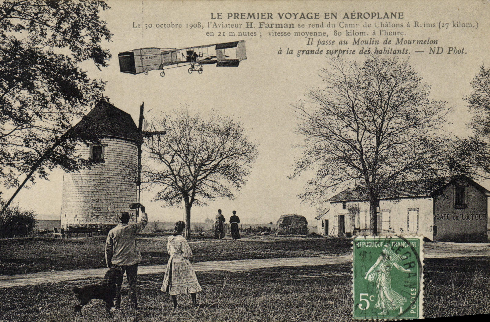 CPA Avion Aviation Le premier voyage en aeroplane H Farman se rend au camp de Chalons a Reims 