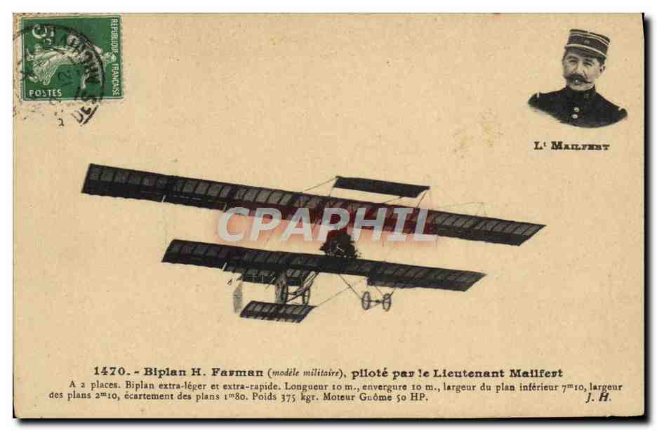 CPA Avion Aviation Biplan H Farman pilote par le lieutenant Mailfert 
