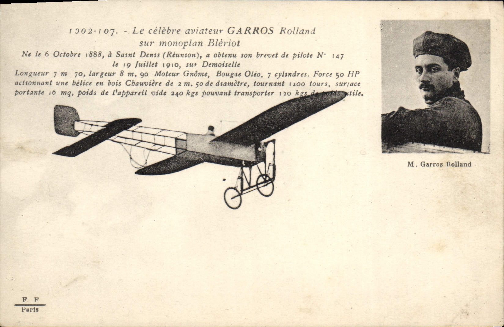 CPA Avion Aviation Le celebre aviateur Garros Rolland sur son monoplan Bleriot 