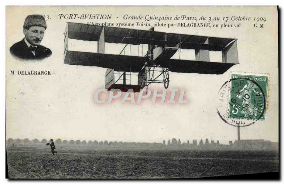 CPA Avion Aviation Port Aviation Grande Quinzaine de Paris 3 au 17 octobre 1909 Aeroplane systeme Voisin Delagrange 
