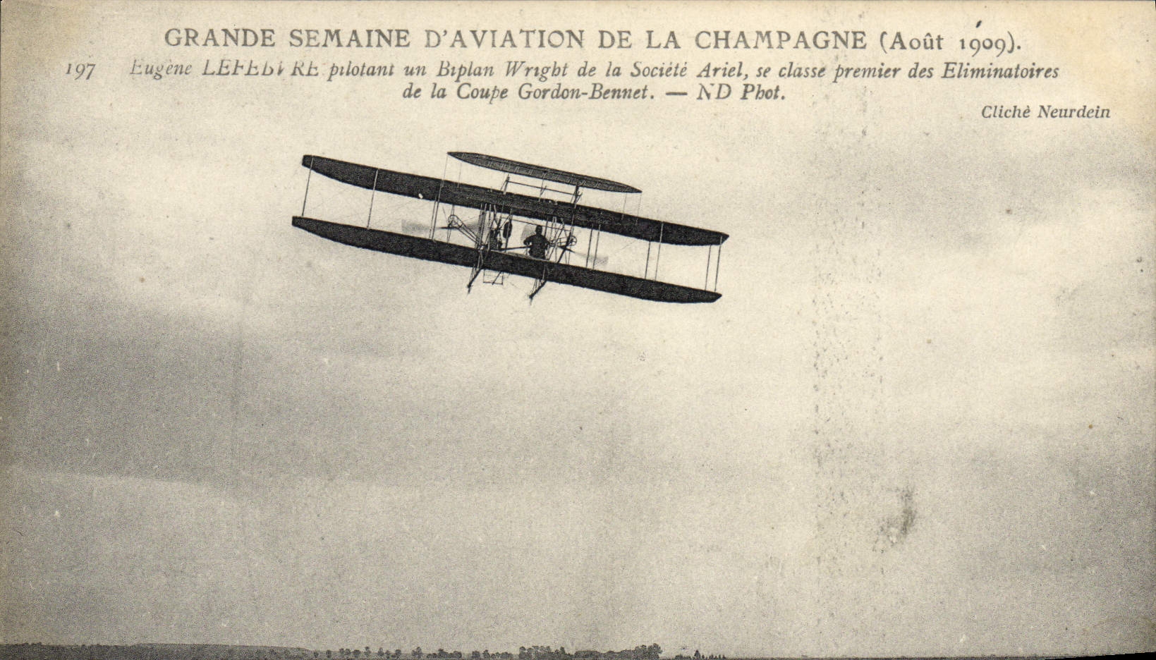 CPA Avion Aviation Grande semaine de l'aviation de la Champagne Eugene Lefebvre pilotant un biplan Wright Societe Ariel