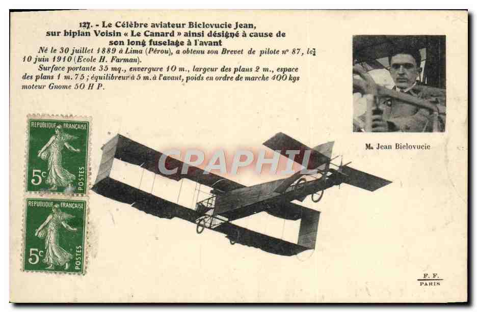 CPA Avion Aviation Le celebre aviateur Biclovucie Jean Biplan Voisin Le Canard 