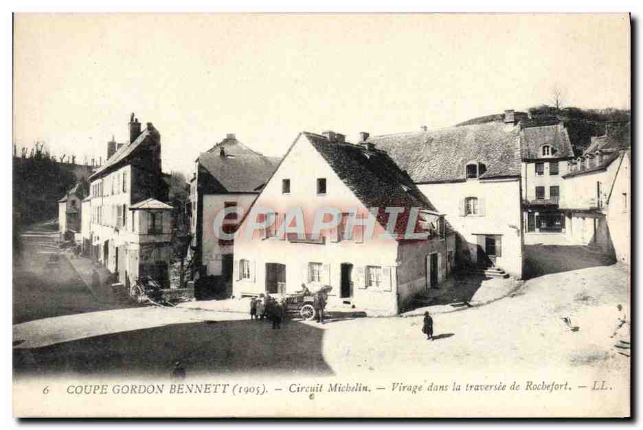 Tarjeta postal antigua Copa Gordon Bennett (1905) — Circuito Michelin — Curva en la travesía de Rocbefort — LL.