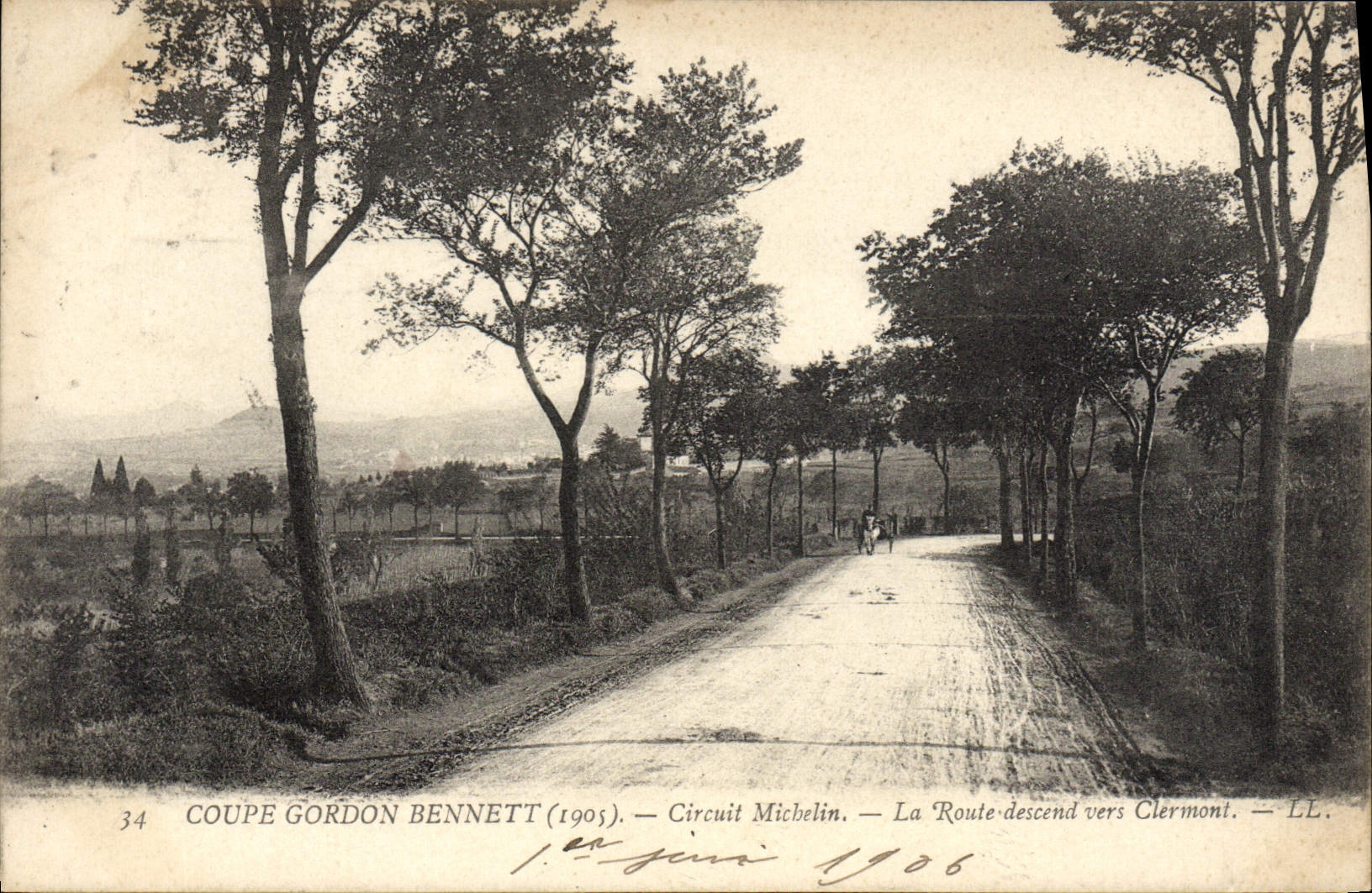 CPA Automobile Coupe Gordon Bennett 1905 Circuit Michelin La route descend vers Clermont 