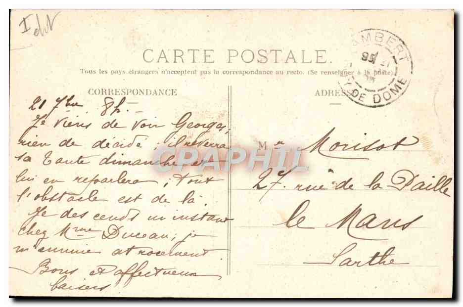 Grand tournant, vu de la Roche Percée — Circuit d'Auvergne, Coupe Gordon Bennett 1905 — éditeur non visible — Verso
