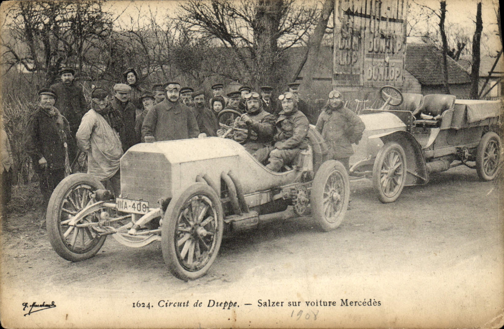 Antike Ansichtskarte Automobilrennen von Dieppe Salzer auf einem Mercedes-Auto
