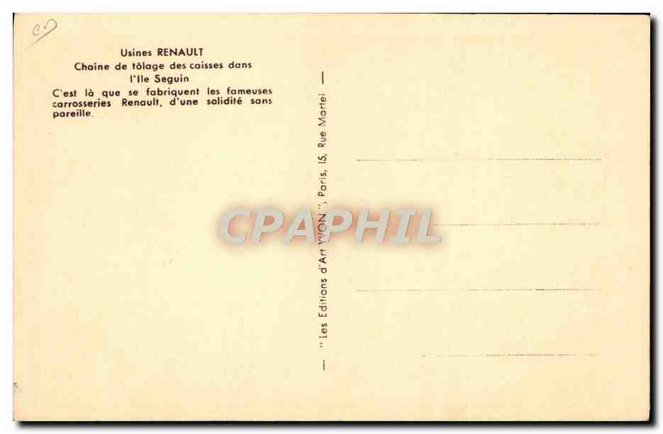 Usines RENAULT — Chaîne de tôlage des caisses de carrosserie — Éditions d'Art WGN, Paris — Verso