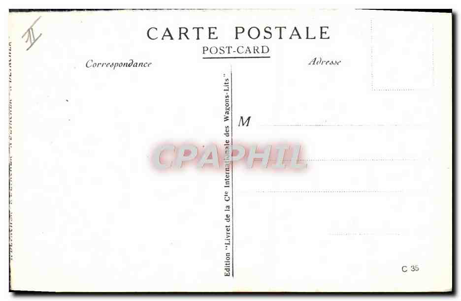 Retour d'une promenade — dessin de Franz Veccia — Édition 'Livre de la Cie Internationale des Wagons-Lits', n° C 35 — Reverso
